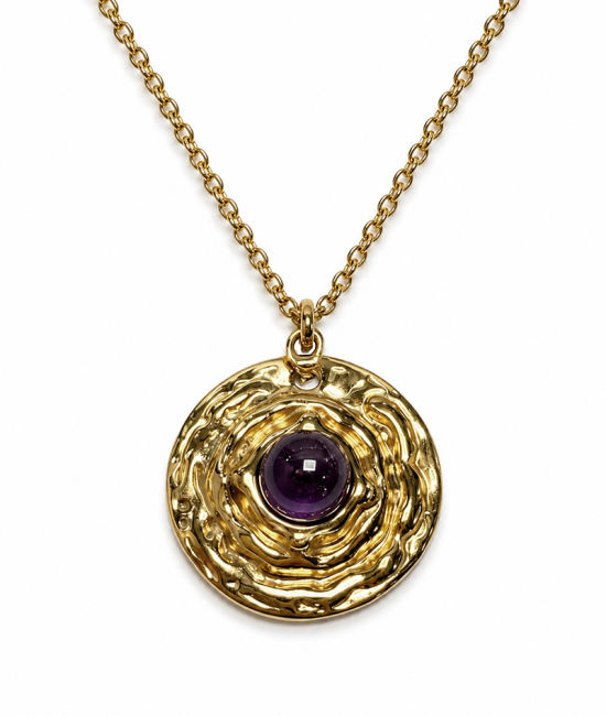 incienso en Collar de Acero Inoxidable Dorado con Colgante Redondo de Amatista A 18.6mm|es