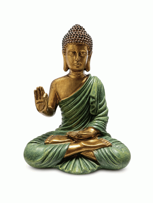 incienso en Estatua de Buda Abhaya Verde Oscuro y Dorada de Resina 23,5 cm