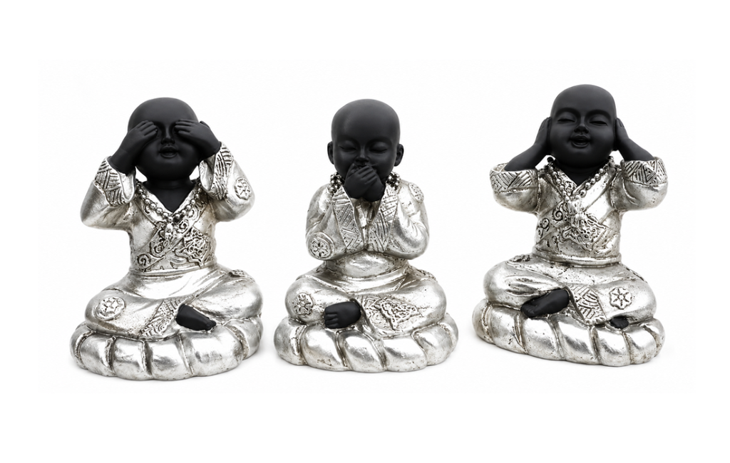 incienso en Set de 3 Figuras de Monjes Sabios en Resina Negra y Plateada 8cm