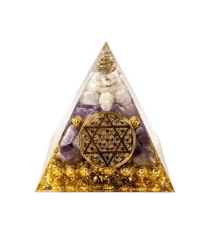 Orgonita Pirámide Cristal de Roca & Amatista Pentáculo Flor de la Vida