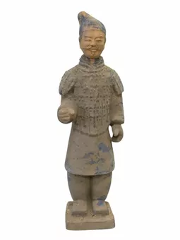 Estatua antigua de guerrero de terracota colorida de 26 cm