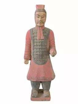 Estatua antigua de guerreros de terracota coloridos con armadura de 23 cm