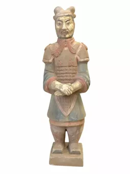 Estatua antigua de terracota colorida, tamaño general, 35 cm