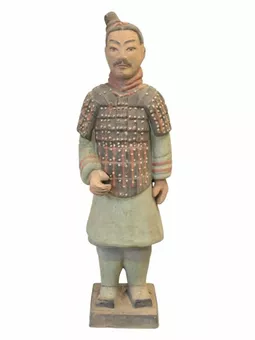 Estatua antigua de guerrero de terracota colorida de 35 cm