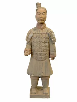 Estatua antigua de guerrero de terracota colorida de 36 cm