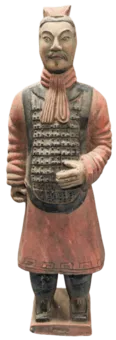 Estatua antigua de guerreros de terracota coloridos con armadura de 38 cm