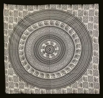 Tela Algodón Mandala & Elefantes Negro y Beige