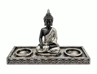 Portavelas Buda Meditación Plateado y Negro en Resina 22 cm