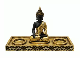 Portavelas Buda Meditación Dorado y Negro de Resina 22 cm