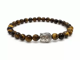 Pulsera de Ojo de Tigre A con Buda Plateado y Cuentas Redondas de 6 mm