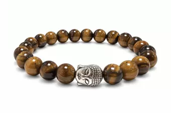 Pulsera de Ojo de Tigre A con Buda Plateado y Cuentas Redondas de 8 mm