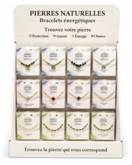 Expositor de Pulseras de Piedras Naturales y Acero Inoxidable Dorado – 48 Pulseras