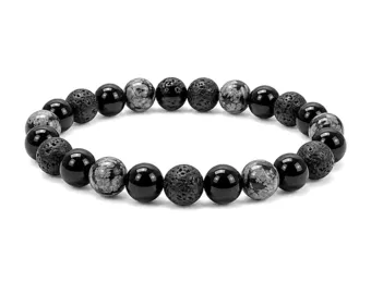 Pulsera de Obsidiana Copo de Nieve, Piedra de Lava y Ónix Negro A cuentas 8mm