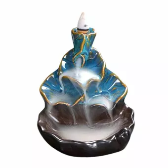 Porta incienso de cerámica con reflujo cascada hojas de loto azul 10cm