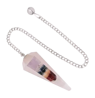 Péndulo cuarzo rosa & Siete Chakras cónico 6 caras