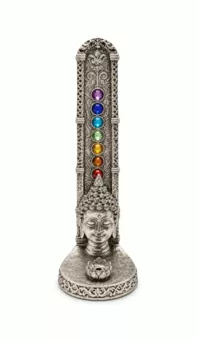 Portaincienso Cabeza de Buda 7 Chakras Plateado en Resina 17 cm