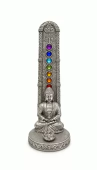 Incensario Buda Meditación 7 Chakras Plateado en Resina 17 cm