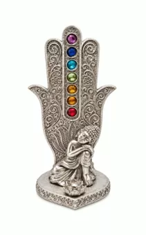 Portaincienso Mano de Fátima Buda 7 Chakras Plateado de Resina 16 cm
