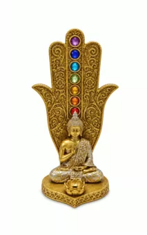 Portaincienso Mano de Fátima Buda 7 Chakras Dorado en Resina 16 cm