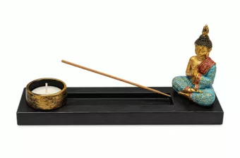 Portaincienso y Candelero Buda Meditación Multicolor en Madera y Resina 24 cm