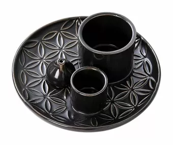 Porta incienso de cerámica negra Flores de la Vida para Palo Santo y Salvia Blanca 13cm