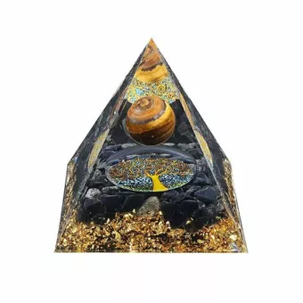 Pirámide de orgonita, ojo de tigre y árbol de la vida de obsidiana negra