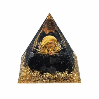 Pirámide de Orgonita Ojo de Tigre  y Obsidiana Negra y Loto