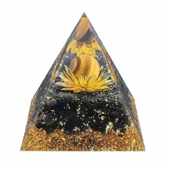 Pirámide de orgonita con ojo de tigre y loto de obsidiana negra, 8 cm