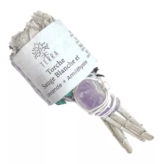 Antorcha de lavanda y salvia blanca con amatista 25-30 g 11 cm
