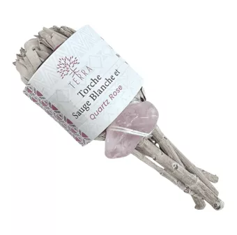 Antorcha de pétalos de salvia blanca con cuarzo rosa 25-30 g 11 cm