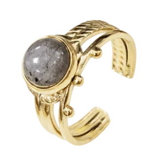 Anillo Labradorita A Redondo Ajustable en Acero Inoxidable Dorado