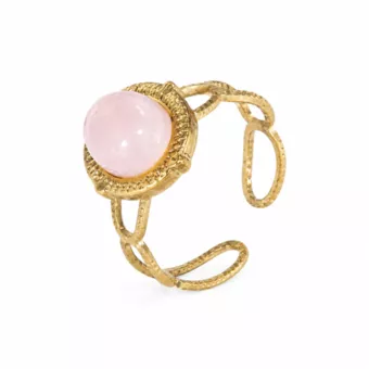 Anillo ovalado de acero inoxidable chapado en oro con cuarzo rosa