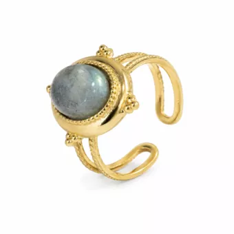 Anillo ovalado de acero inoxidable chapado en oro con labradorita