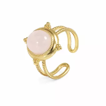 Anillo ovalado de acero inoxidable chapado en oro con cuarzo rosa