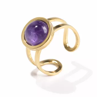 Anillo redondo de acero inoxidable chapado en oro con amatista