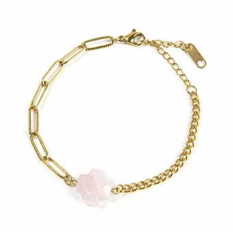 Pulsera Cruz Cuarzo Rosa A en Acero Inoxidable Dorado 16cm