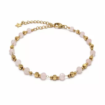 Pulsera Energía de Cuarzo Rosa AB – Perlas Doradas