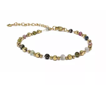 Pulsera Energía de Turmalina Multicolor A – Cuentas Doradas