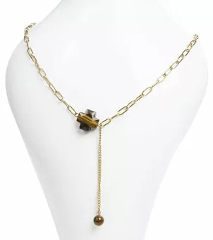 Collar de Acero Inoxidable Dorado con Colgante Cruz de Ojo de Tigre A Facetado