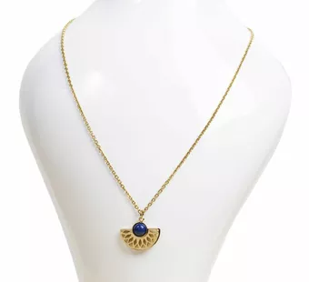 Collar de Acero Inoxidable Dorado con Colgante Azteca de Lapislázuli AA 6mm