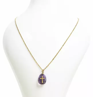 Collar de Acero Inoxidable Dorado con Amatista A y Cruz