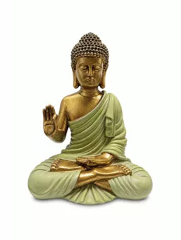 Estatua de Buda Abhaya Verde y Dorada en Resina 23 cm