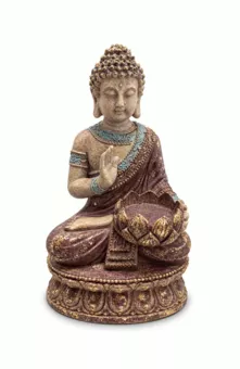 Estatua de Buda Abhaya con Loto Malva y Dorado en Resina 25 cm