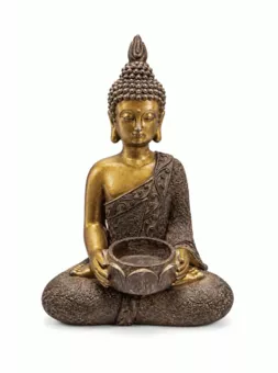 Estatua de Buda Meditando con Cuenco Marrón y Dorado en Resina 25 cm