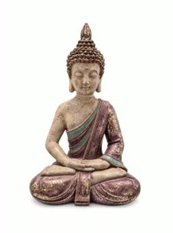 Estatua Buda de Meditación Morada y Dorada de Resina 31 cm
