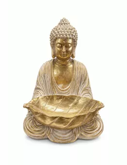 Estatua de Buda con Cuenco de Hoja Blanca y Dorada en Resina 30 cm