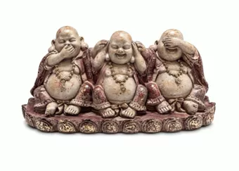 Estatua 3 Budas Risueños de la Sabiduría Morado y Dorado en Resina 9 cm