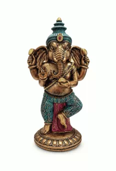 Estatua de Ganesh de Pie Azul Turquesa y Dorada en Resina 32 cm