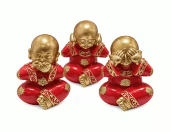 Set de 3 Monjes de la Sabiduría Rojos y Dorados en Resina 12 cm