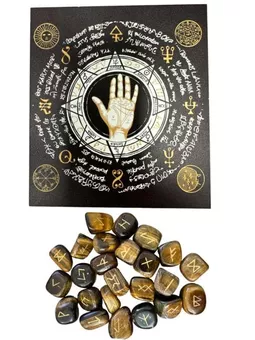 Caja Runa Futhark Ojo de Tigre en Bolsa de Tela 10x11cm